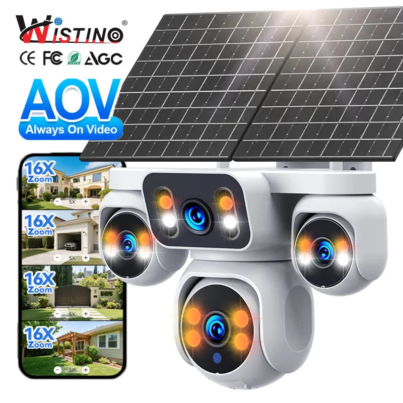 Wistino Outdoor Four Lens Four Screen 16X Digital Zoom AOV Solar Camera 24/7 Motion Detection IP67 Waterproof 4G Solar Camera