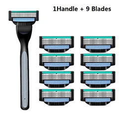 ( 1Handle + 9 Blades ) Men's Razor Blade With Aloe Vera Strip Rubber Manual Safety Shavers Replacement Heads Mach 3