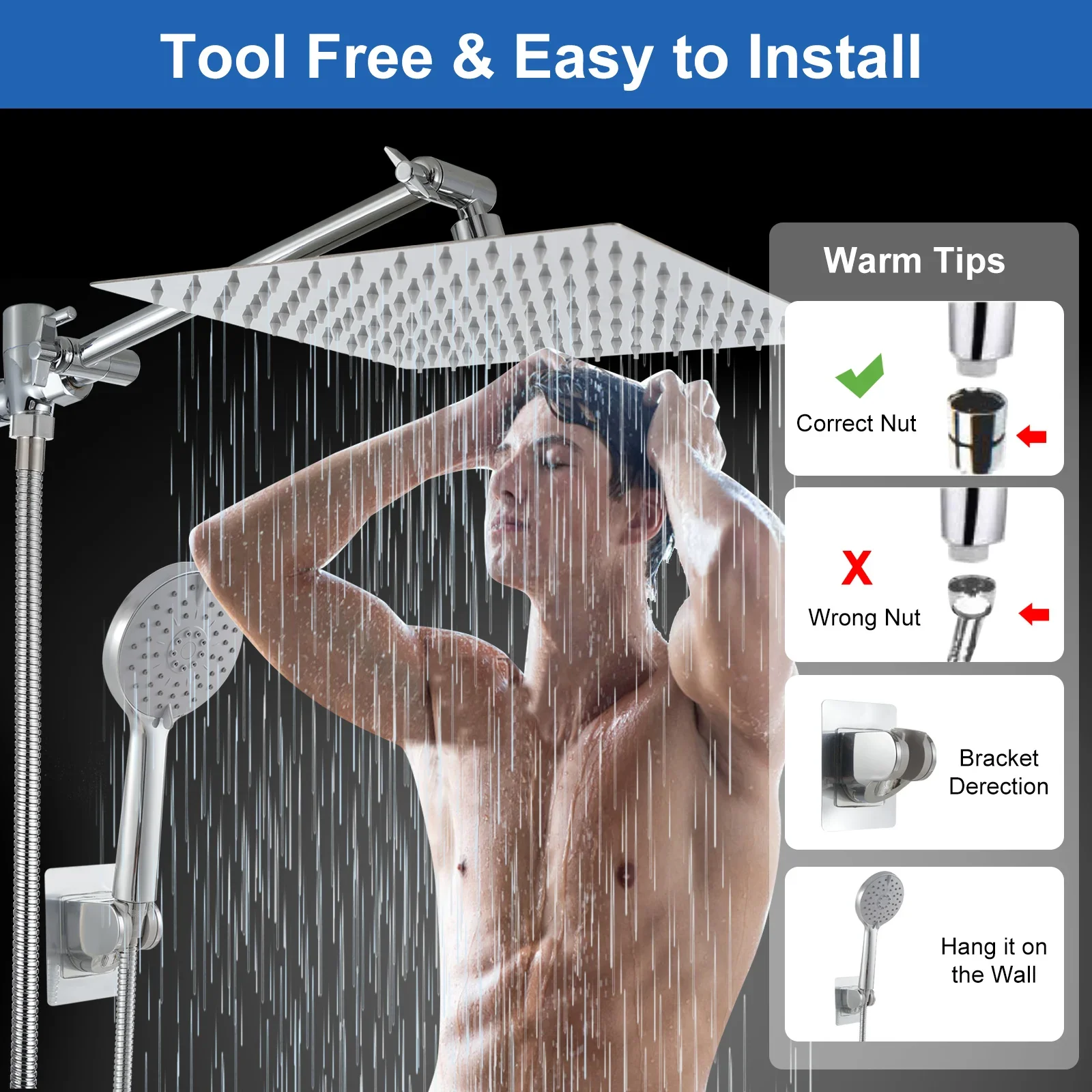 2-IN-1 Bathroom Shower Combo High Pressure Rainfall Shower Head with Extension Arm Handheld Shower Head with Wall Bracket Hose