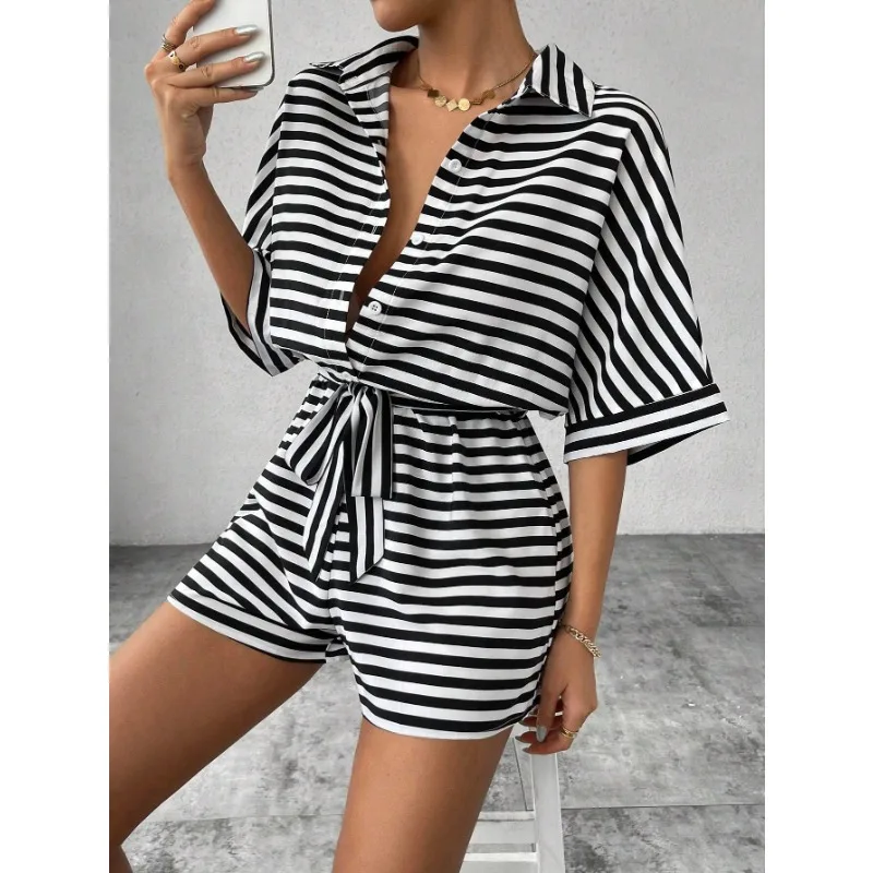 Women Fashion One Piece Short Sleeve Striped Overalls Shorts Pants Ladies Elastic Waist Turn Down Collar Rompers
