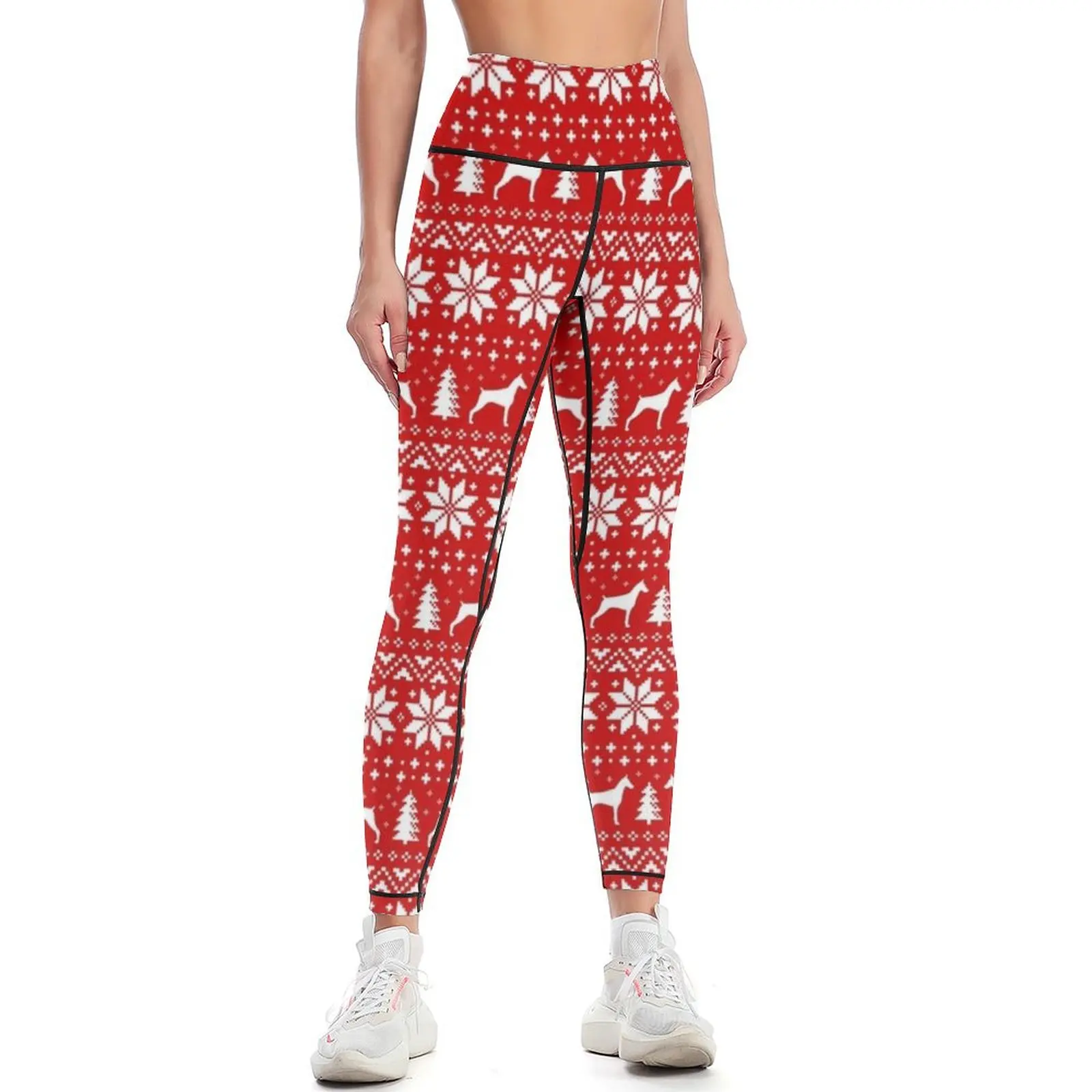 Doberman Pinscher Silhouettes Red and White Christmas Holiday Pattern Leggings Sports pants woman trousers Womens Leggings