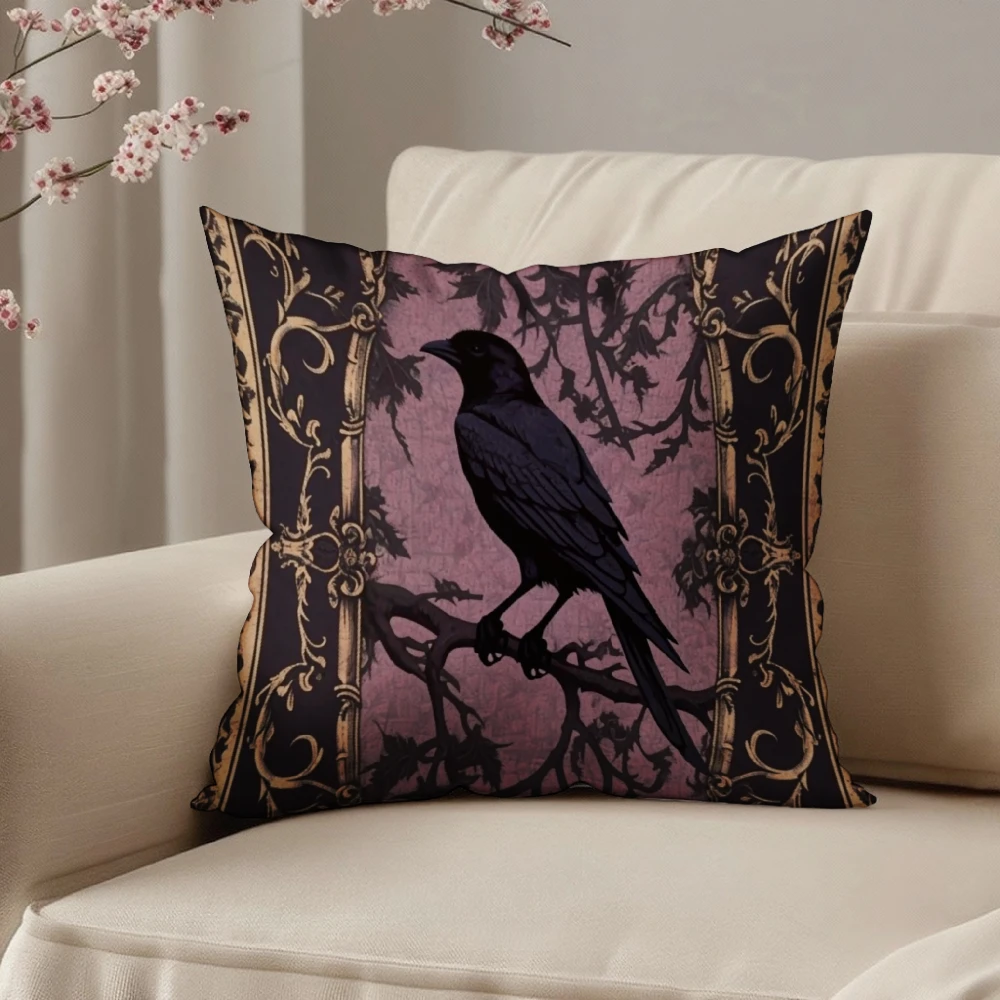 Square Throw Pillow Case Black Raven Bird On Branch Vintage Gold Frame Pattern Purple Background Decorative Cushion Cover For Li