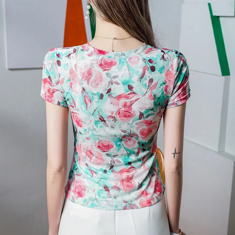Boweylun New Printed V-Neck Floral Fashion T-Shirt Women Breathable Folded Slim Short Sleeve Female