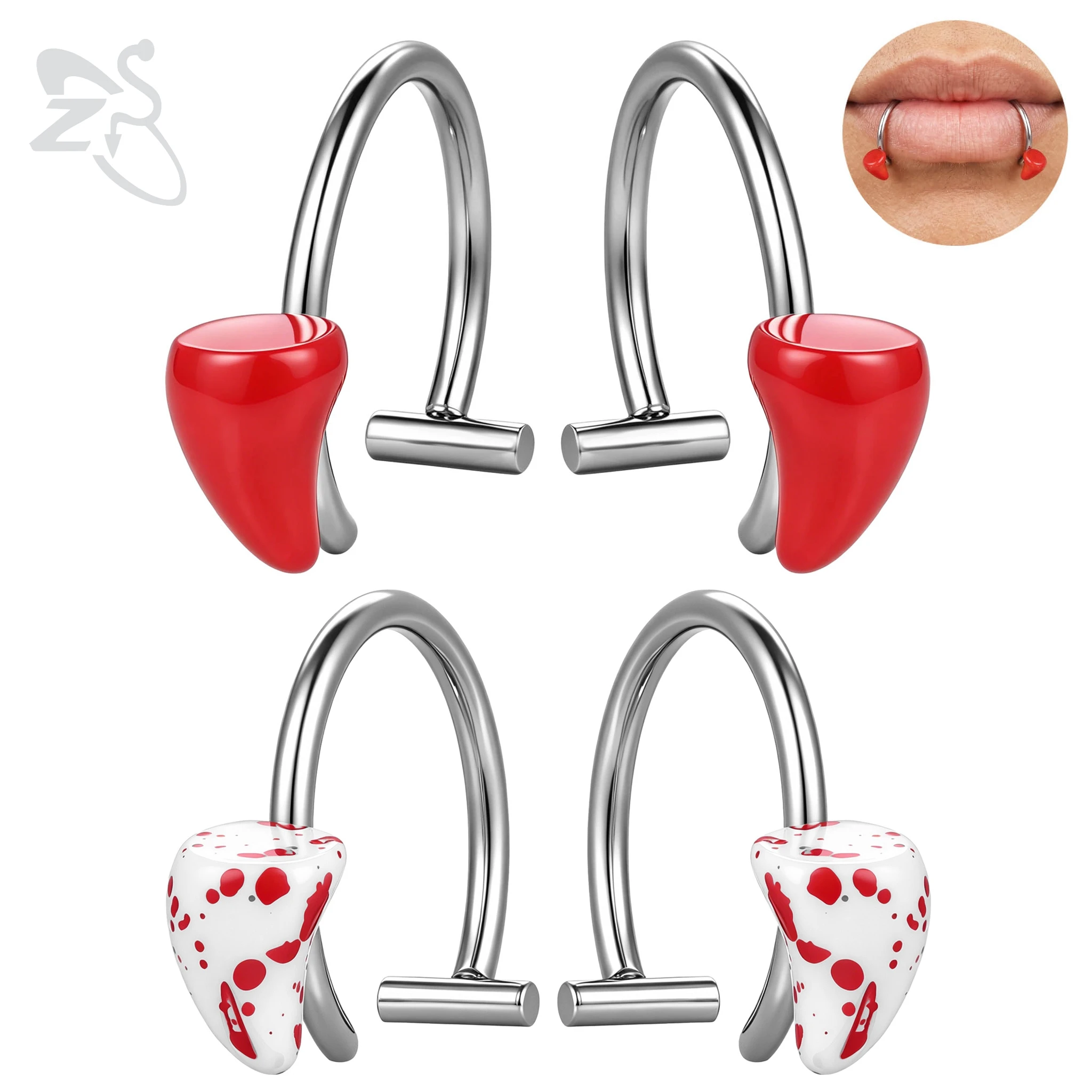 ZS 1 Pair Vampire Fang Shape Stainless Steel Fake Lip Labret Piercing Halloween Series Faux Lips Clip Punk Non-Piercing Jewelry