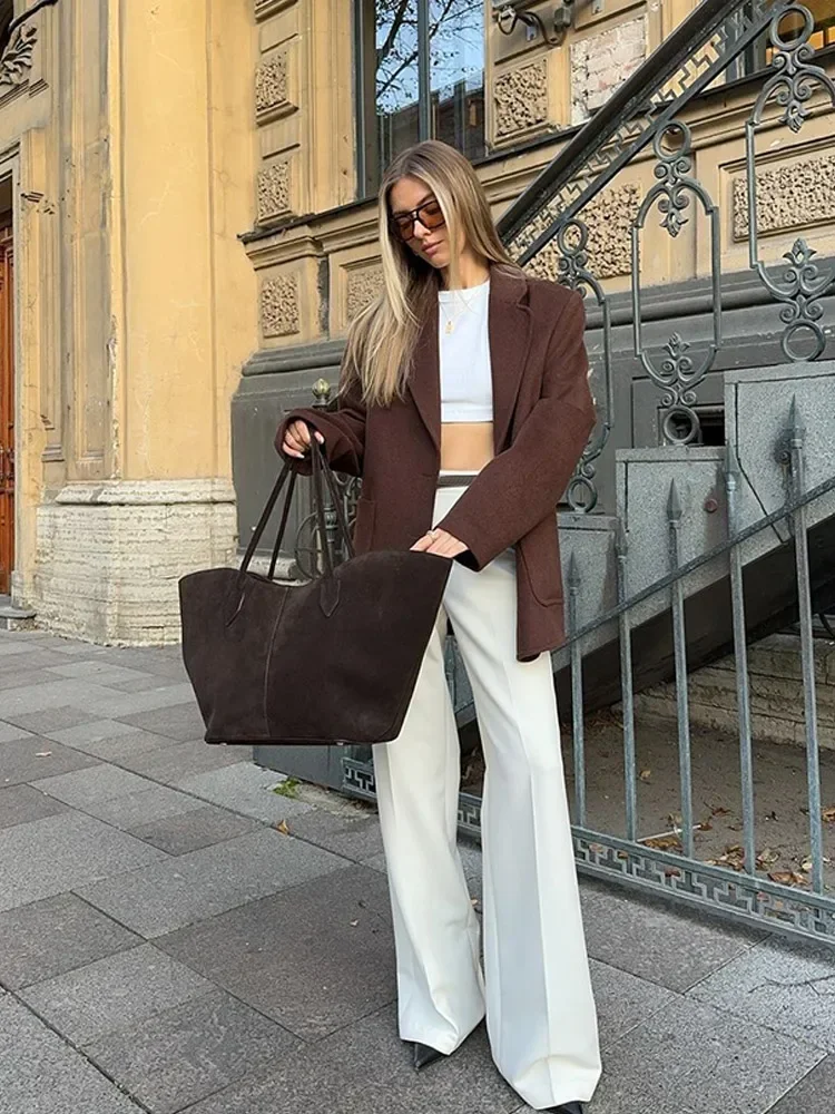 Jaqueta retrô de lapela de peito único feminina, casaco monocromático com bolsos, streetwear extragrande, marrom, escritório, trajeto, moda, outono, 2024