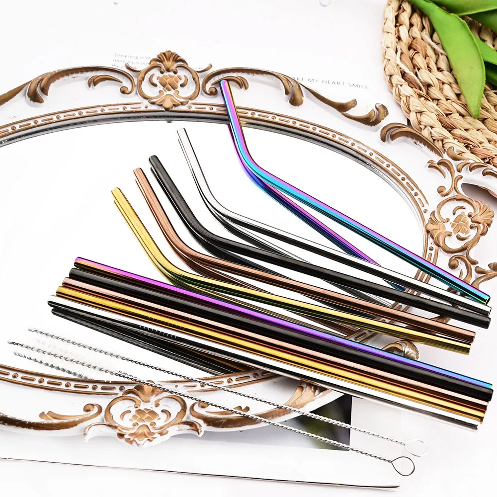 Rainbow Reusable Metal Bent Straws Stainless Steel Straws Set Eco-friendly Drinks Straws With Brush Cocktail Bar Accessory