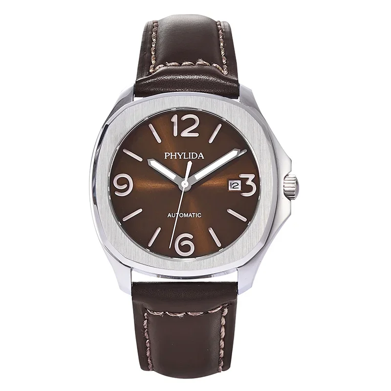 PHYLIDA 40mm Brown Sandwich Dial Mens Watch Custom Wristwatch Miyota Automatic Sapphire Crystal Leather Strap