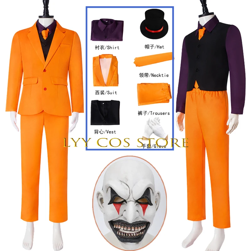 

Костюм для косплея «Маска клоуна» для взрослых: страшный, кровавый, убийца, Джокер, оранжевая униформа, шляпа шута, реквизит для Хэллоуина и маскарада для мужчин