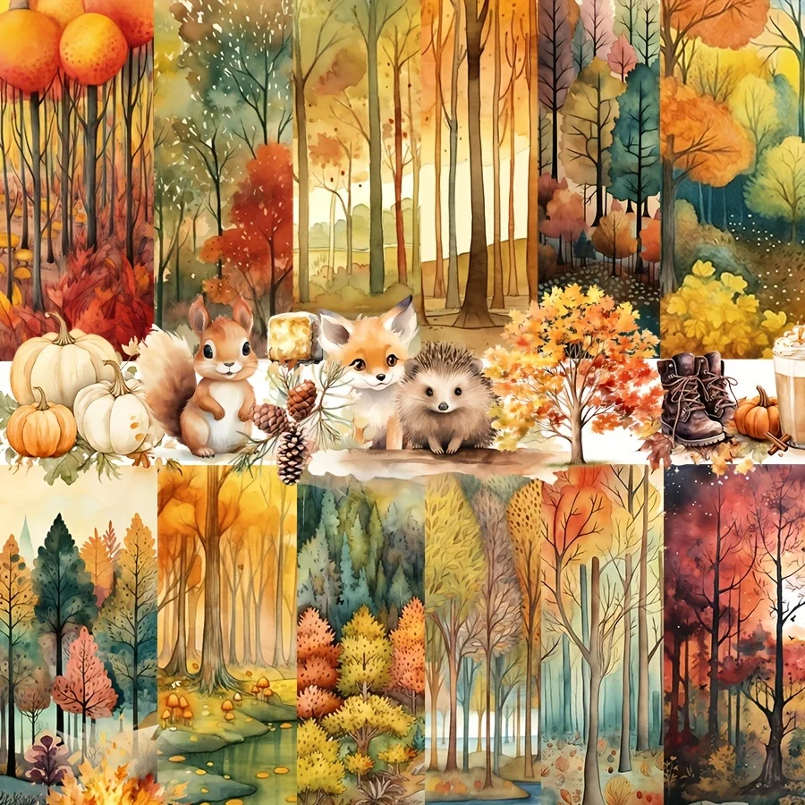 JAIIMAN60pcs Background Paper and Sticker set Cozy Autumn with Fall Forest for Harvest Party Flag DIY, Album Decor,Junk Journal