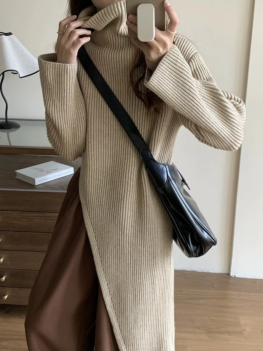 High Neck Slit Sweater Women\'s Autumn And Winter Loose Long Sleeved Mid Length Cross Knee Knitted Dress