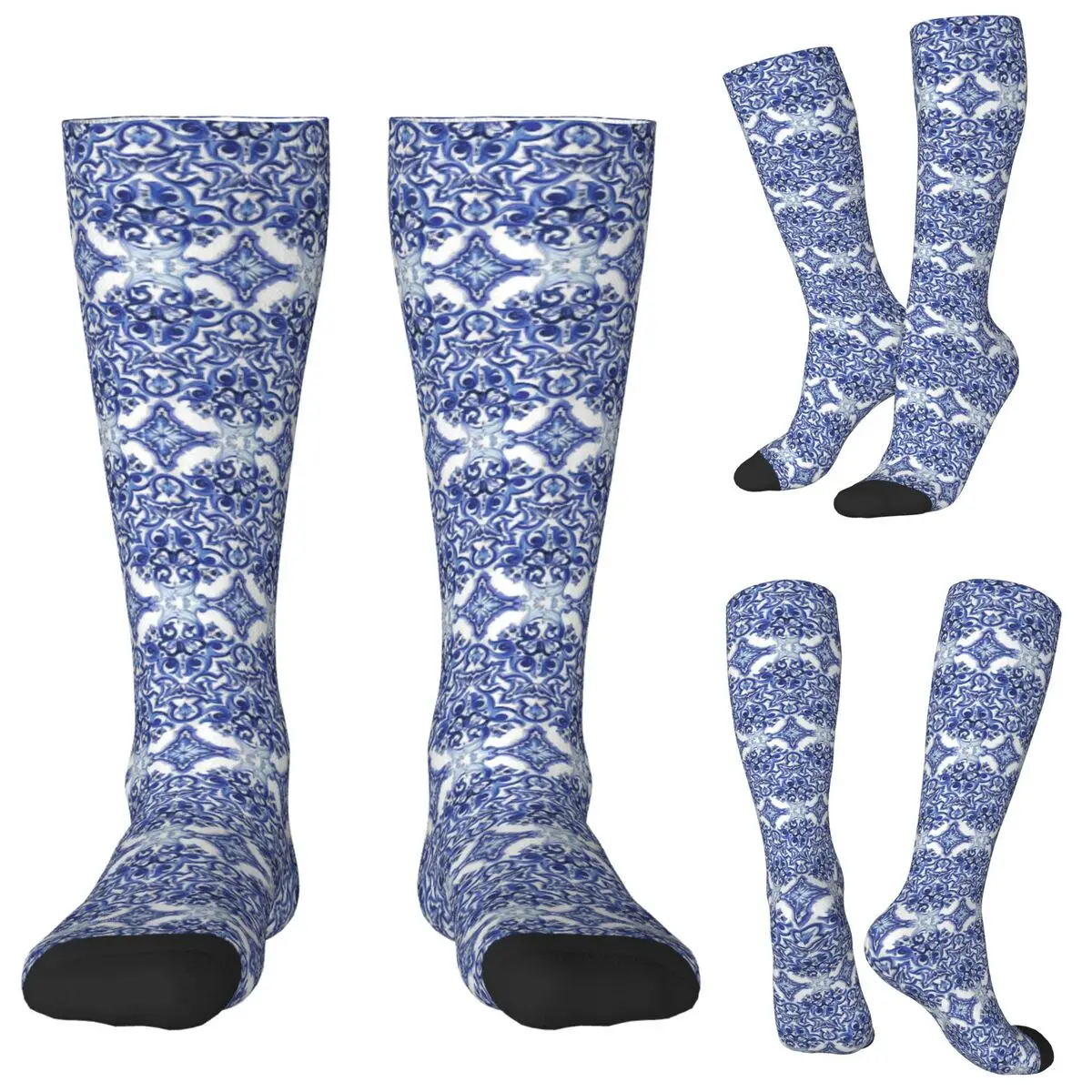 

Blue Ornate Floral Mediterranean Sicilian Tile Socks Harajuku Stockings All Season Long Socks Accessories for Unisex Gifts