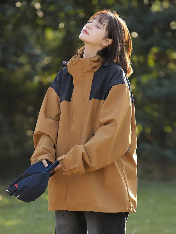 Outdoor Waterproof Climbing Jacket 2026 New Style Simple Design Unisex Hooded Splice Color Polyester Fiber Long Sleeve Coat