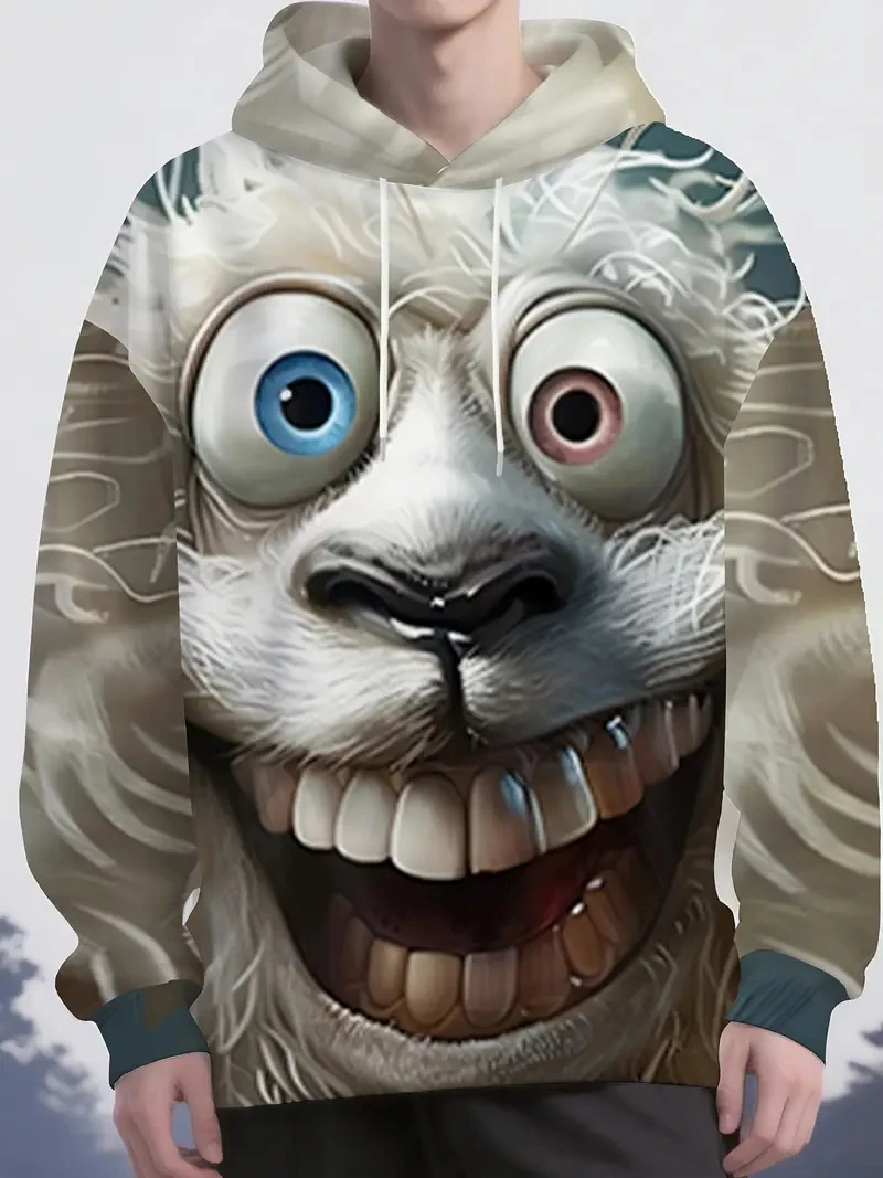 Abstract Animal Graphic Men's Hoodies 3D Print Funny Goat Face Print Oversize Hooded Pullover Fashion Creative Design Sweatshirt