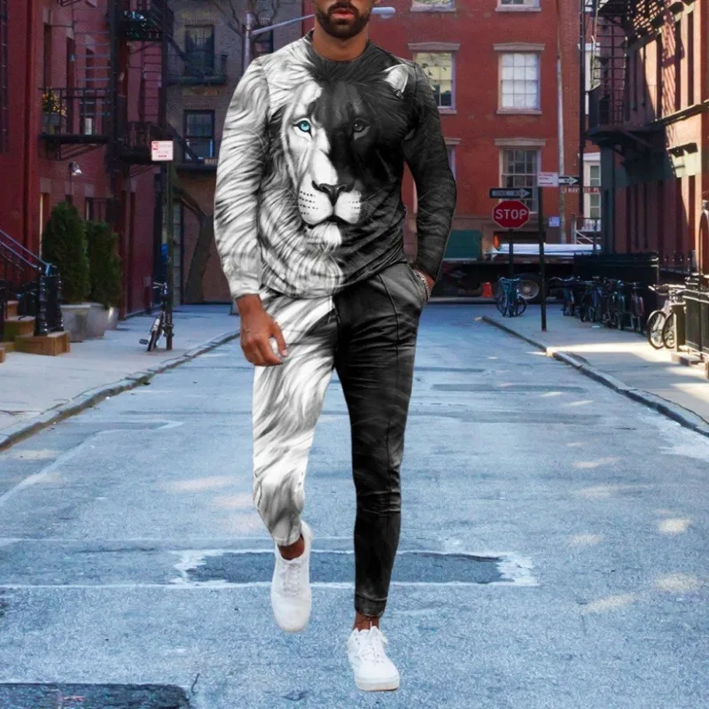 

Простой геометрический принт Мужская осенняя мода Повседневные топы и брюки с круглым вырезом Тенденции городской уличной моды Мужские топы и длинные стили