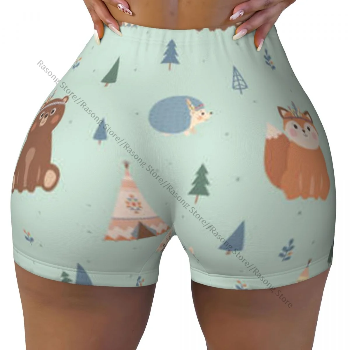 Women's Yoga Shorts Cute Woodland Tribal Animals Fox Bear Rabbit Hedgehog Pattern Scrunch Booty Butt Lifting Comfort Fitness Gym