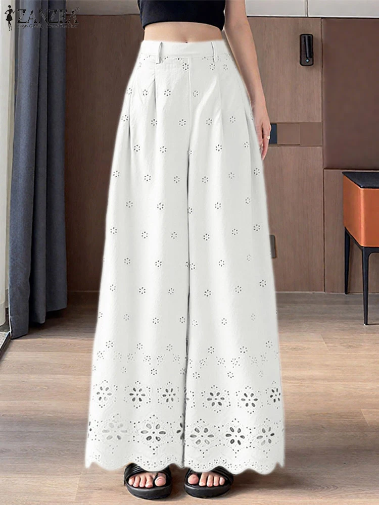

Women Lace Long Pants Fashion Office Work Hollow Out Wide Leg Trousers Solid Color Pockets Casual Loose Bottoms 2025 ZANZEA