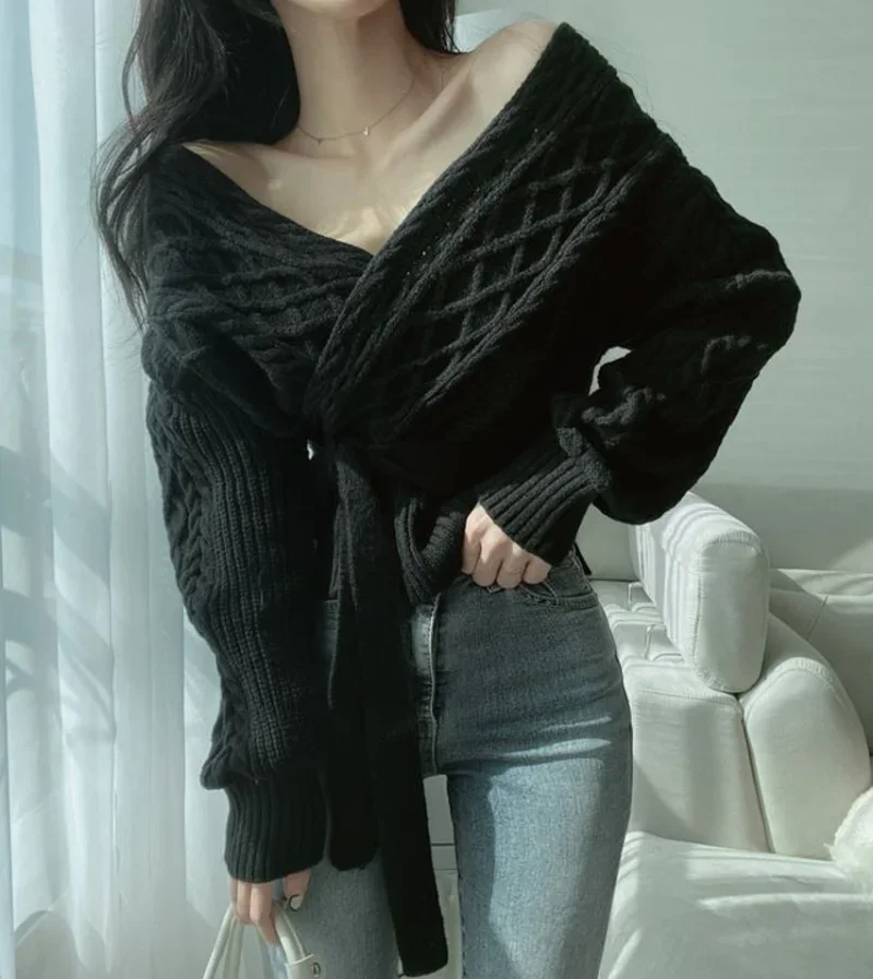 Slim Waist Bandage Sweaters Chic Cross V Neck Argyle Pullovers  Lazy Wild Black Twist Knitted  Top Clothes Women