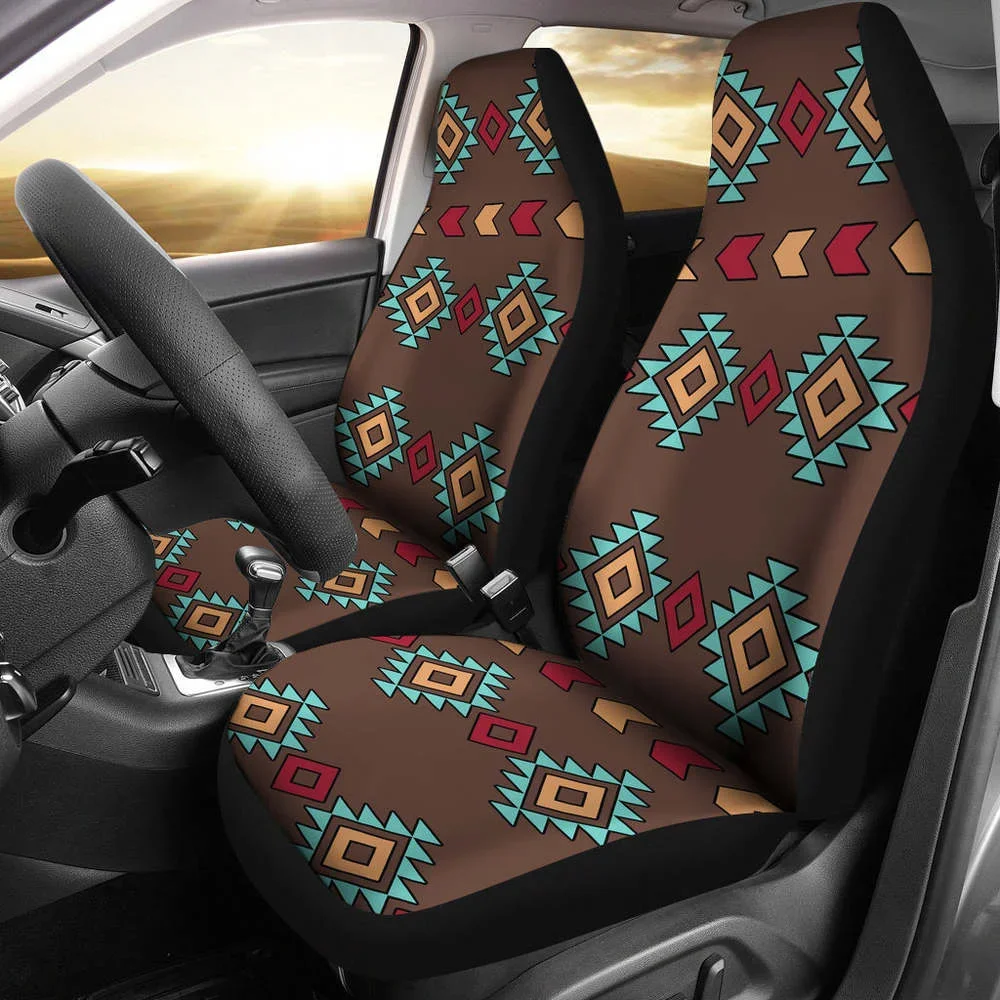 Native Tribal Navajo Inspired Car Seat Covers Ethnic Pattern In Brown,,Pack of 2 Universal Front Seat Protective Cover