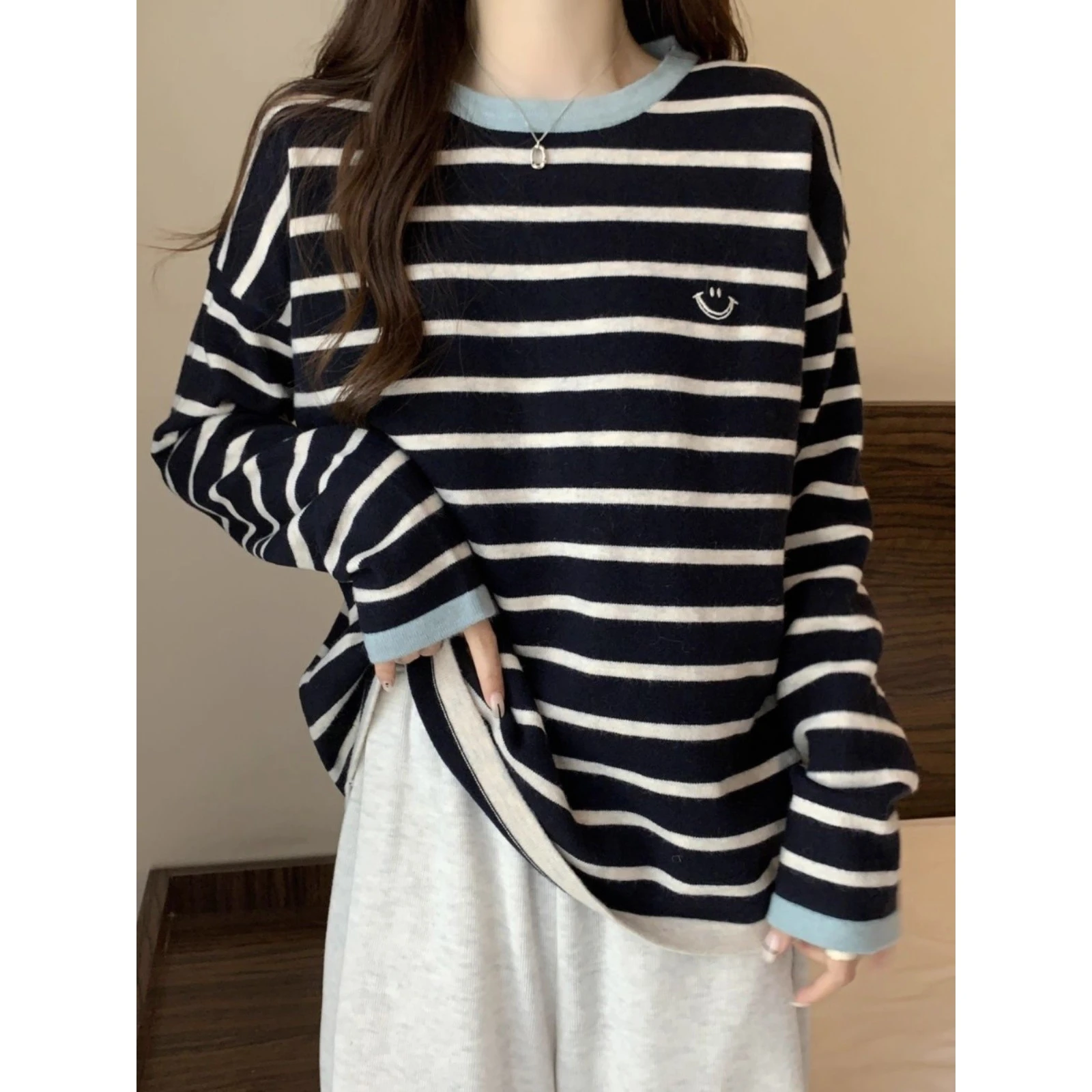 

Extra Large 300 Pou Color Blo Striped Long Sve Base irt Men's Autumn Winter Versatile Slimming Warm Top Trendy