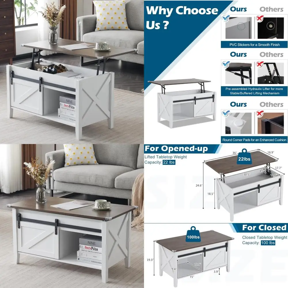 Rustic Grey Farmhouse Style Coffee Table with Lift Top and Storage Shelf