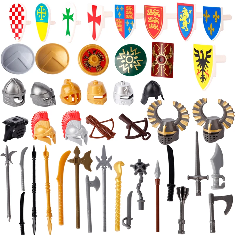 

DIY Medieval Military Weapons Building Blocks Castle Knights Soldier Figures War Helmet Swords Shield Flag Army Bricks Toys Boys