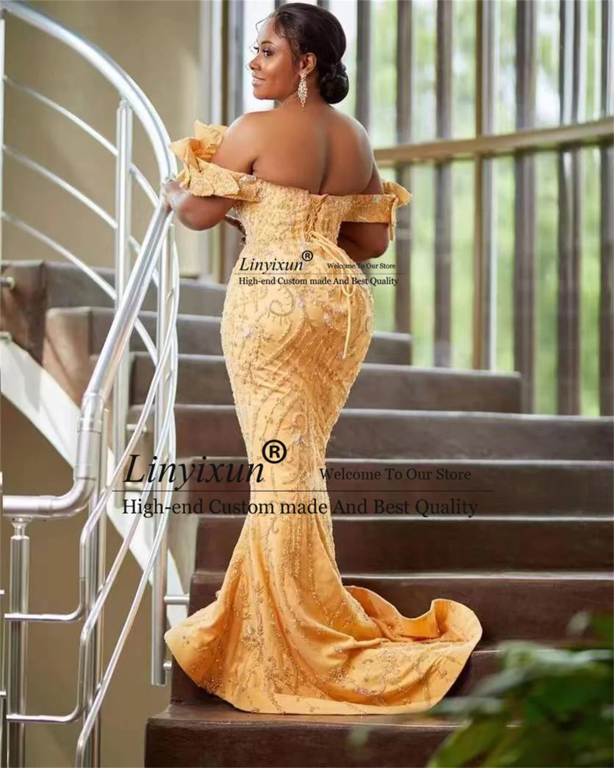 Gold African Mermaid Prom Dresses Aso Ebi Arabic Beaded Engagement Evening Party Dress Off Shoulder Flowers robes de soirée