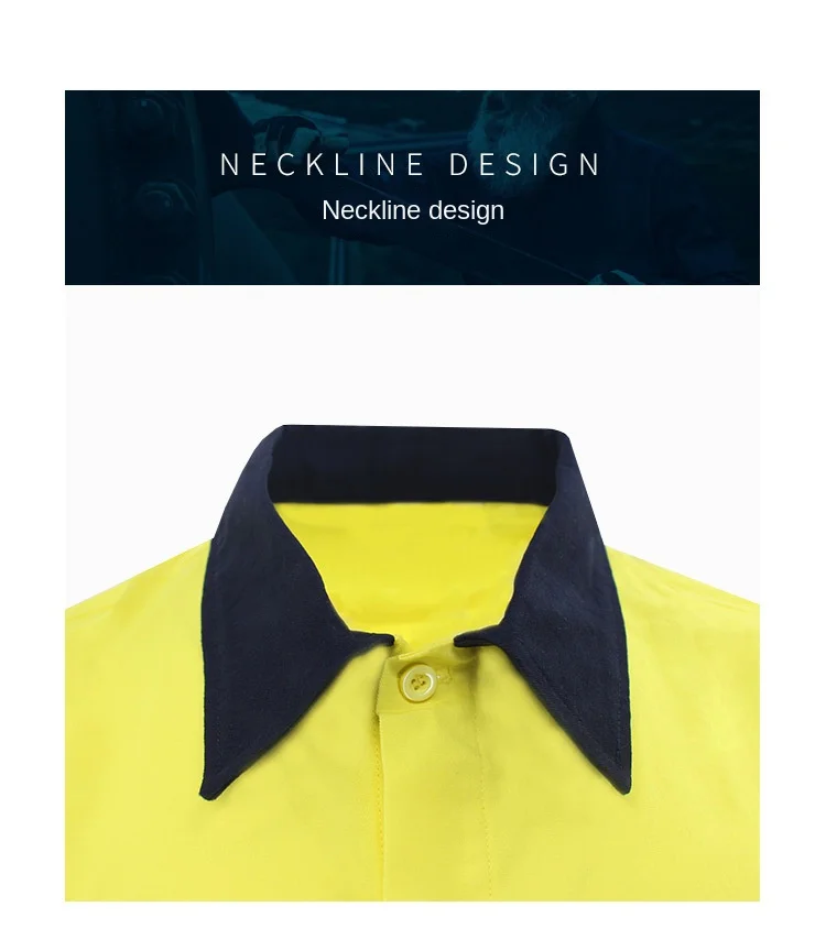 Two Tone Short Sleeve Safety Work Shirt Reflective Workwear 100% Cotton Yellow Navy Safety Shirts With Hi Vis Tapes