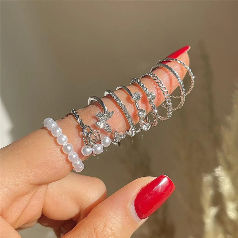 9Pcs Butterfly Flower Rings Set for Women Vintage Stainless Steel Crystal Pearl Finger Rings Joint Rings Fashion Party Jewelry