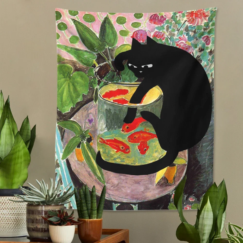 

Cat And Goldfish Tapestry Wall Hanging Plant Flower Retro OilPicture Wall Cloth Kawaii Room Decoration Aesthetic Boho Wall Decor