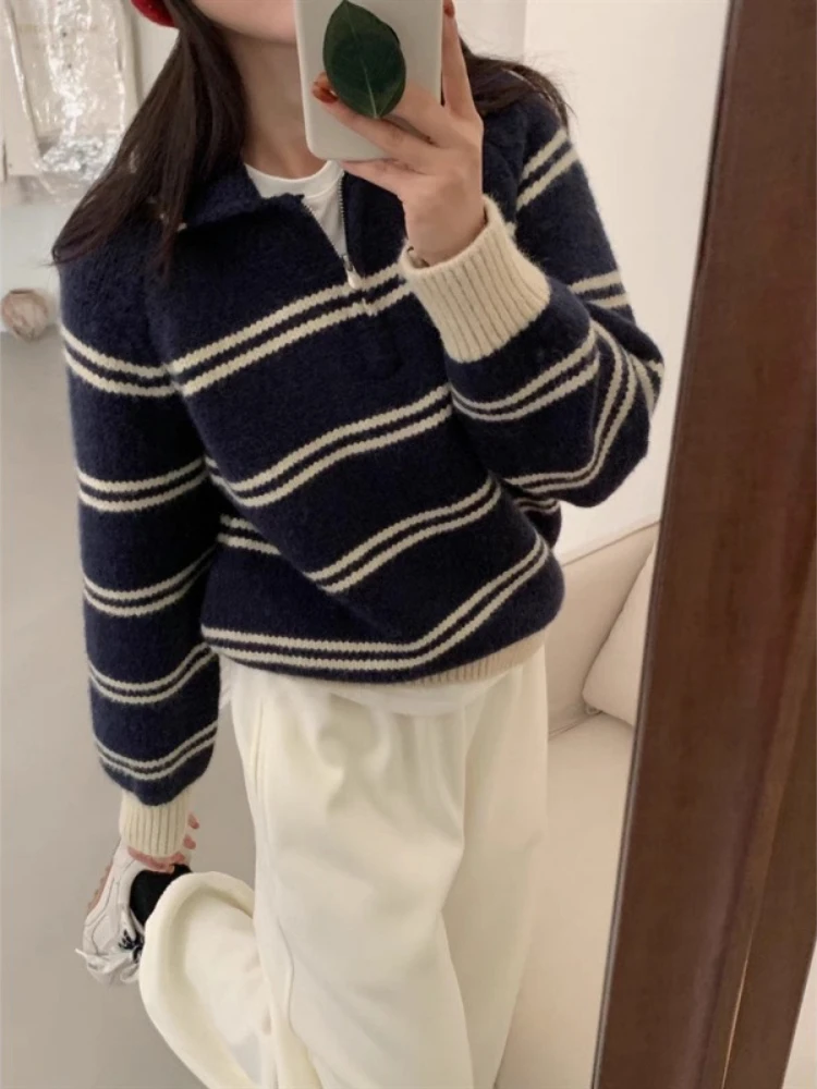 

Colorblock Striped Knit Sweater Women, Preppy Style Half Zip Pullover, Casual Soft Comfortable Polo Top, 2025 Winter Fashion