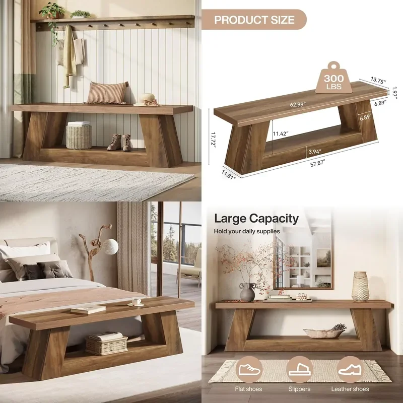 63 Inch Wooden Entryway Bench with Storage Shelf Rustic Extra Long 2 Tier Narrow Hallway Seating Bench Customized