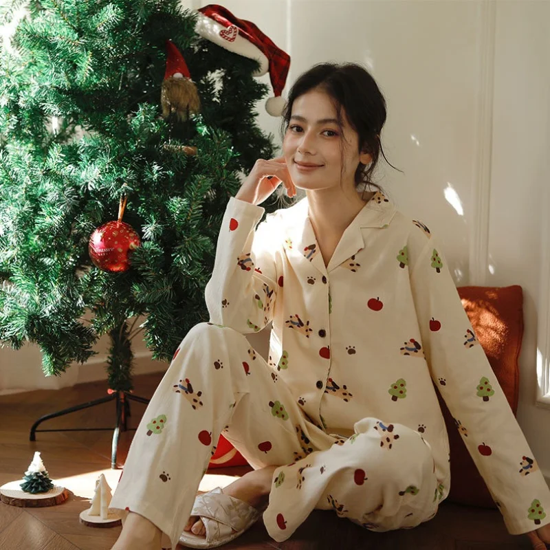 

Женская пижама из 100% матового хлопка с рождественским принтом, французская пижама с отложным воротником и длинными рукавами, кардиган, длинные брюки, пижамы