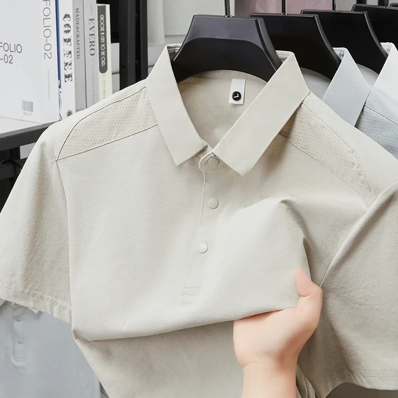 Men's Lapel Collar Polo Tee Short Sleeve Soft Wrinkle Resistant Fabric Perforated Shoulder Casual Business Daily Summer Wear