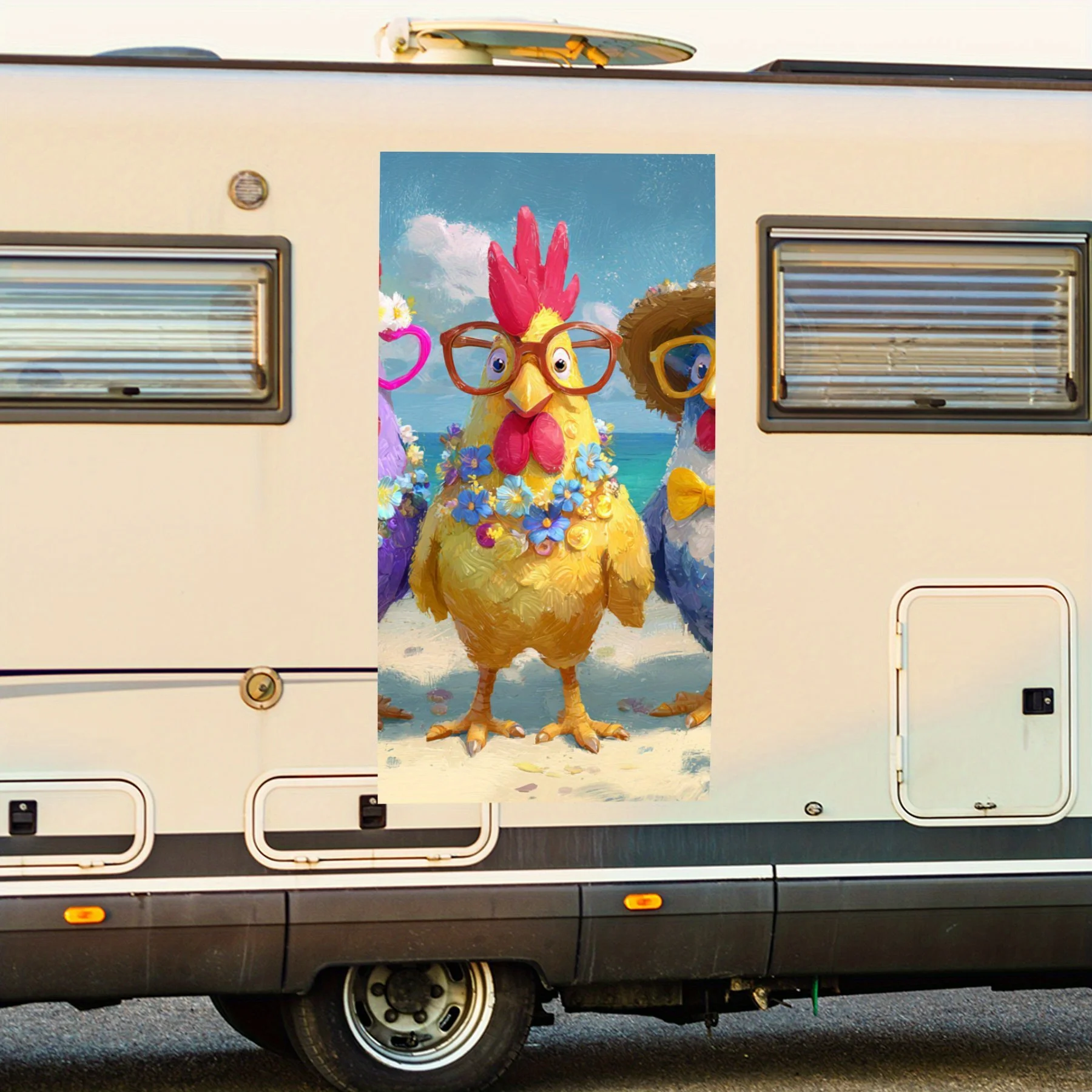 

Colorful Roosters on Beach Car Sticker,Waterproof Vinyl Decal for RV Side, Self - Adhesive Stickers to Decorate & Protect RV Bod