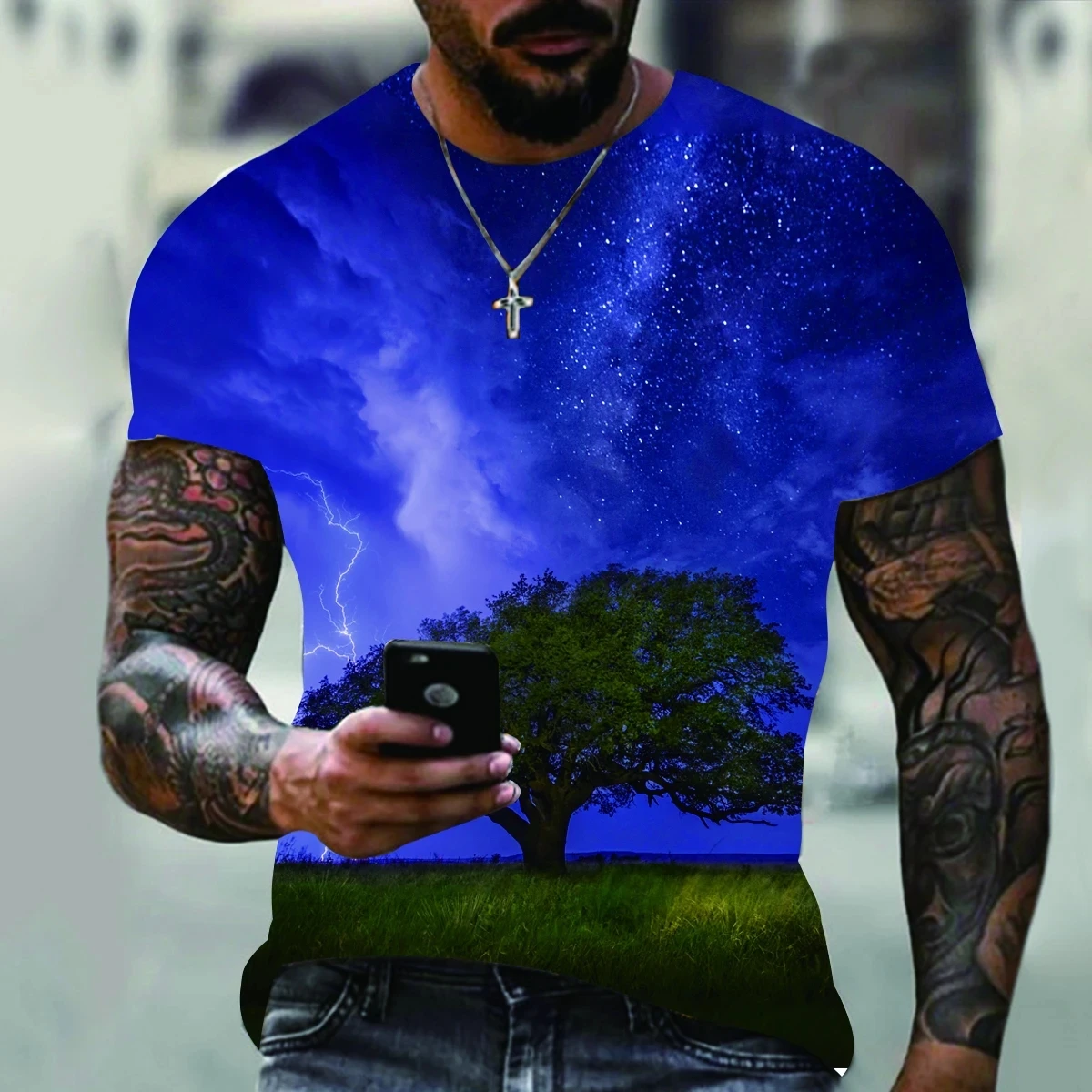 2023 Summer New Casual Lightning Cooling Men\'s Plus Size T-shirt Street Elements Popular Print Men\'s Round Neck Short Sleeve