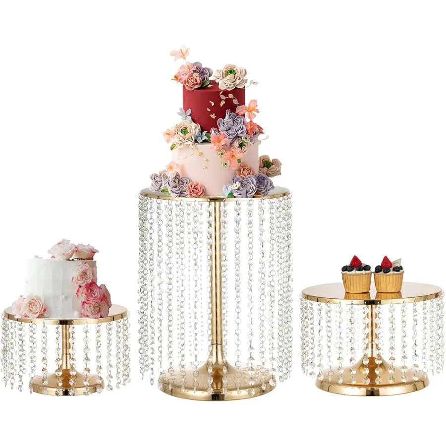 

3 Pcs Gold Cake Stand with Crystal Pendants Metal Cake Stand for Dessert Table Round Base Cake Display Stand for Wedding Birthd