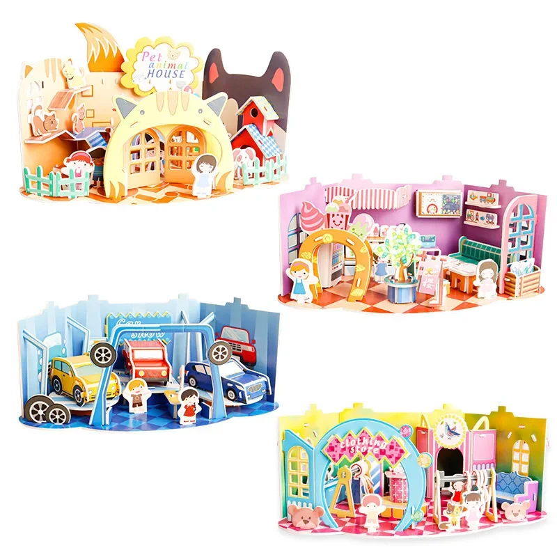 Children\'s Puzzle 3D Paper Model Assembling Educational Toys 5-7 Year Old Girls Handmade Cartoon House Puzzles for Kids