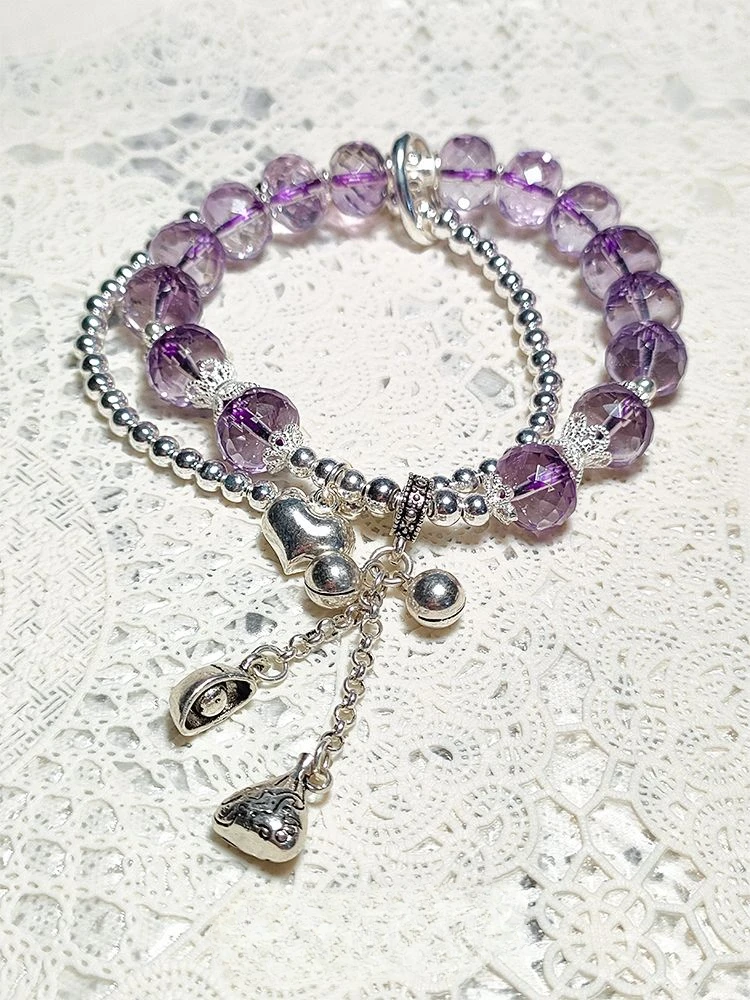 

UMQ Natural Brazil Dream Amethyst Double Layer Silver Bracelet Genuine Girlfriends' Gift Girlfriend Gift