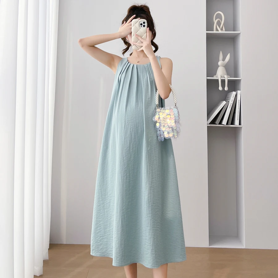 Japan and Korean Style Maternity Summer Clothes Sleeveless Pleated Sundress Solid Color Pregnancy Brief Dress