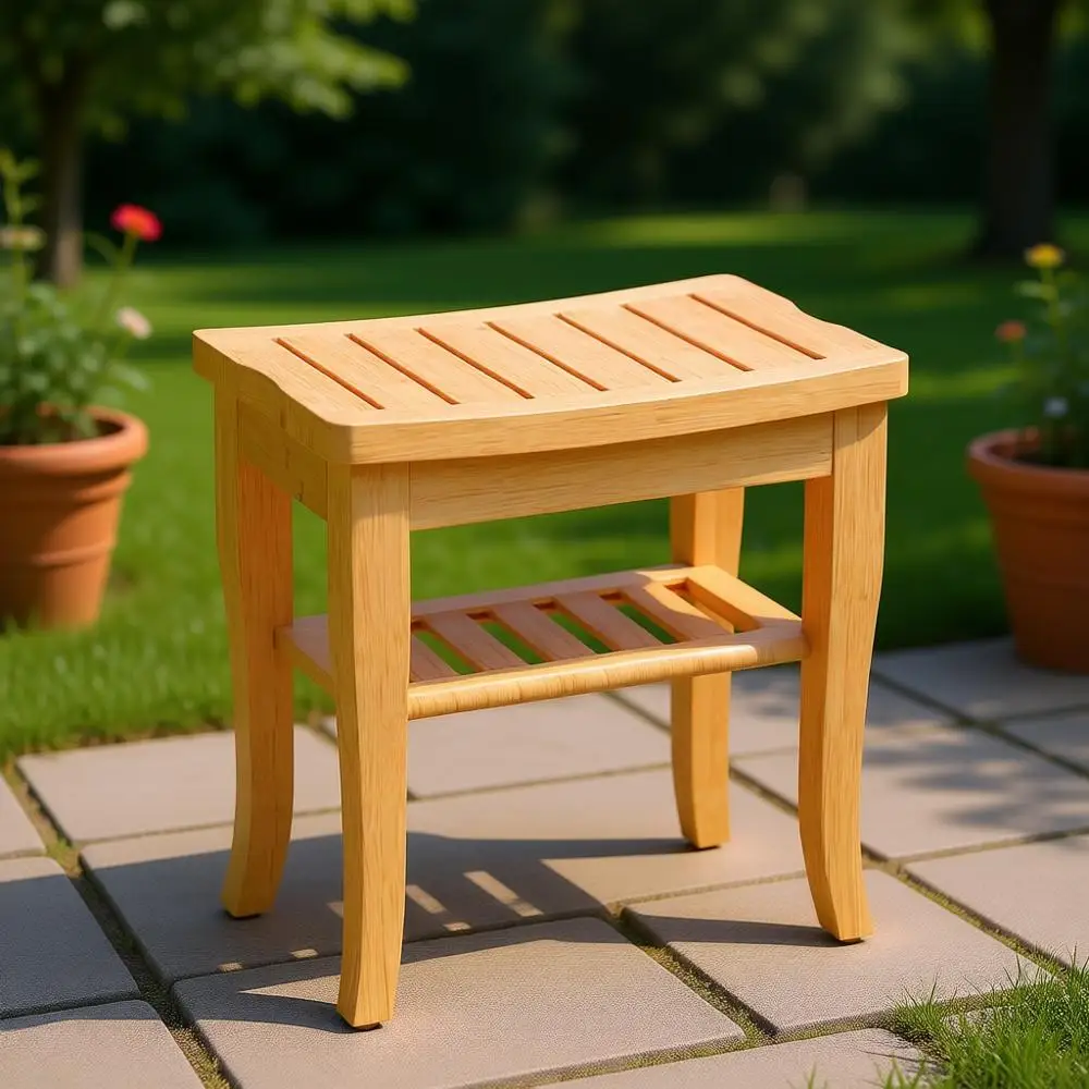 Banco de Chuveiro Estilo Spa em Bambu com Armazenamento para Uso Interno e Externo, Ideal para Adultos e Idosos