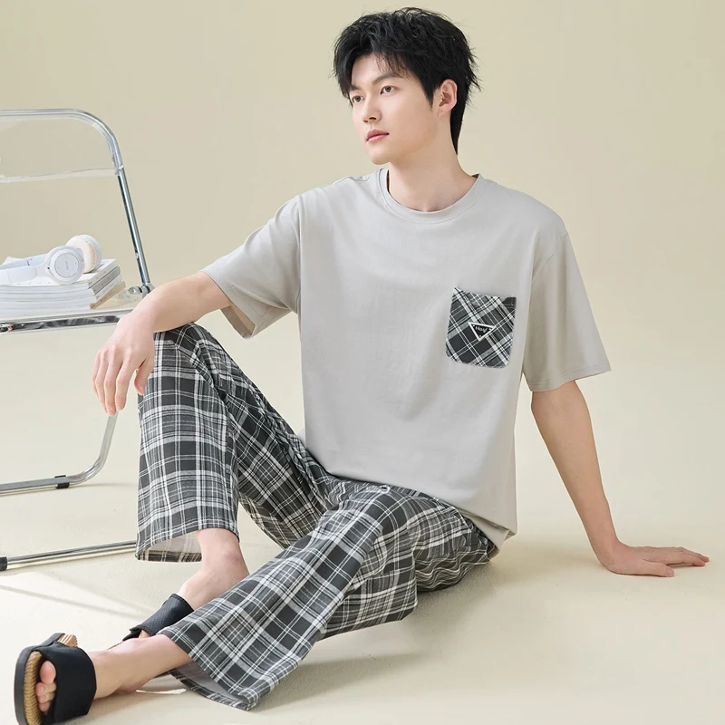 2026 Summer Short Sleeve Long Pants 100% Cotton Pajama Sets for Men Korean Casual Plaid Sleepwear Pyjamas Homewear Home Clothes