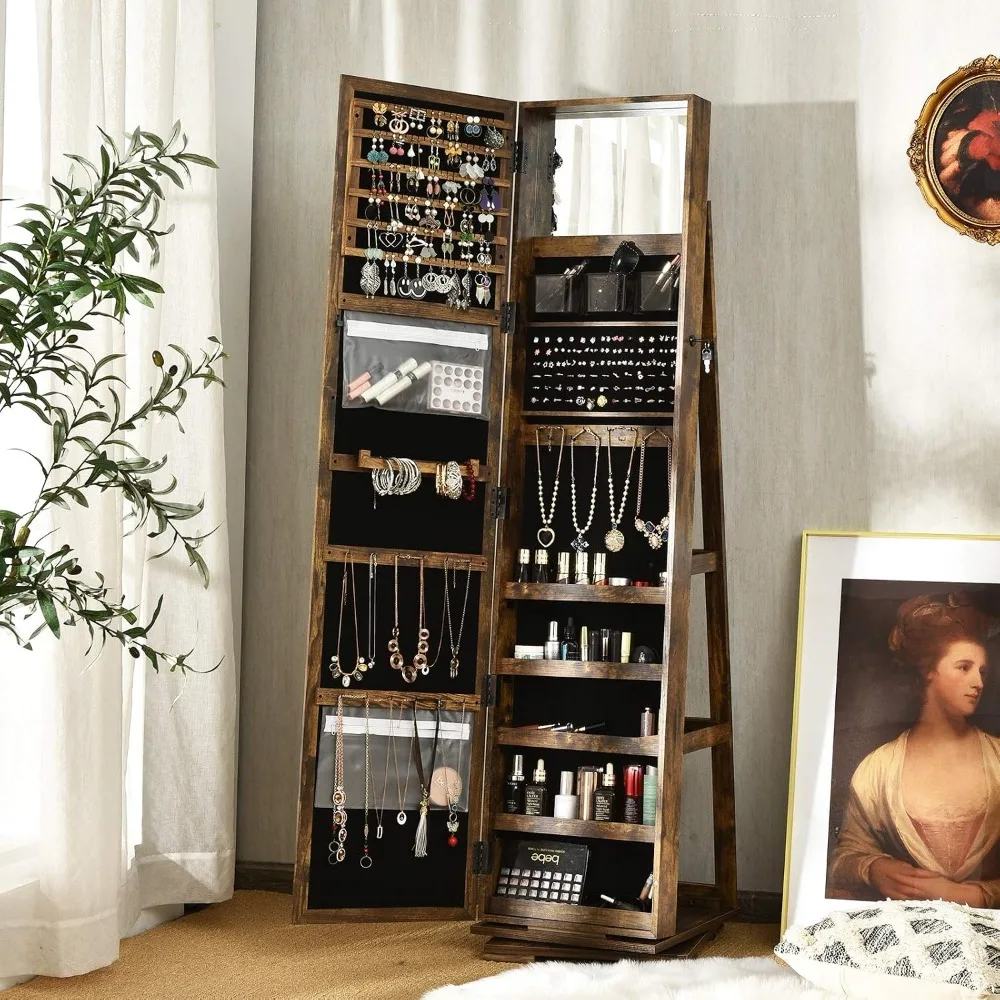 Swivel Jewelry Armoire with Full Length Mirror, Rustic Brown Storage Cabinet