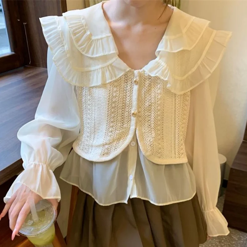 Shirts Women Peter Pan Collar Sweet Fake 2 Pcs Design Korean Fashion Style Basic Daily Students Lovely All-match Spring Casual