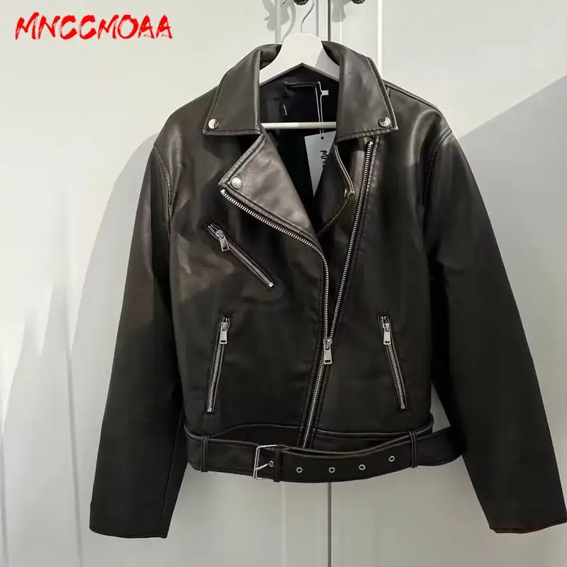 MNCCMOAA 2023 Alta Qualidade Mulher Moda Vintage Solto Falso Couro Jaqueta Casacos Feminino Casual Zipper Biker Outerwear Tops