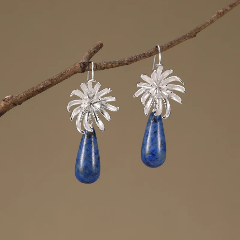 

Lotus Fun, настоящее серебро 925 пробы, натуральные камни, ювелирные изделия ручной работы, элегантные серьги-капли с хризантоми