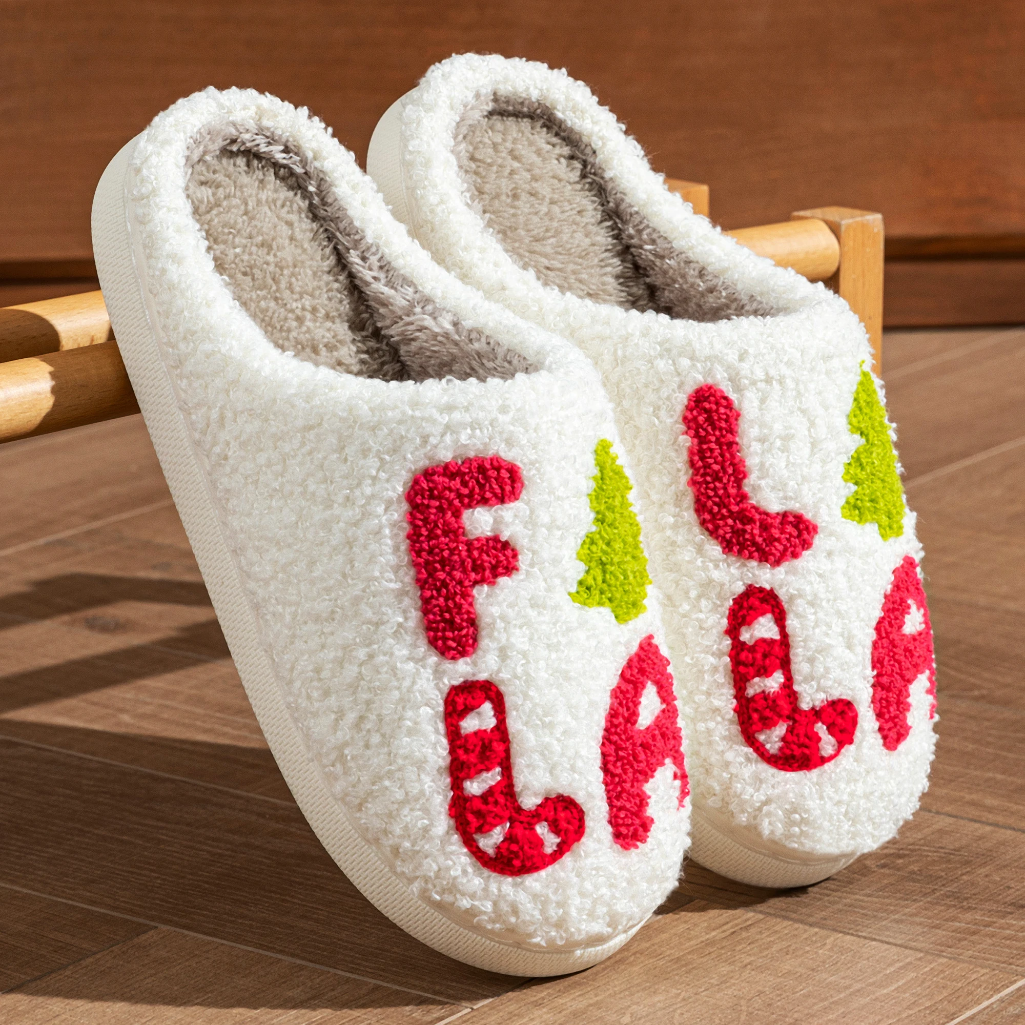 Christmas Gift Women Fluffy Slippers Letter & Christmas Tree Embroidery Closed Toe Fuzzy Non Slip Warm Indoor Holiday Shoes