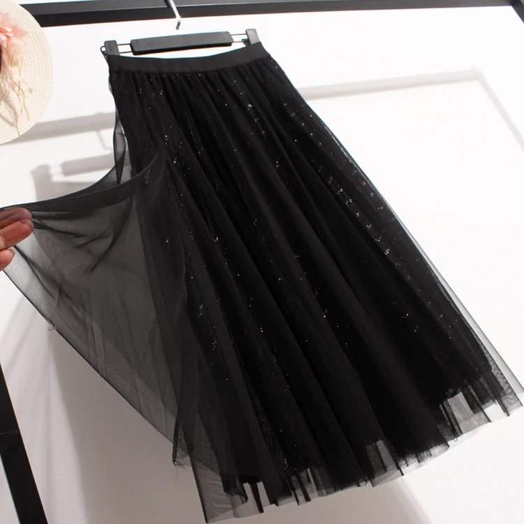 Spring Autumn Elegant Skirts Womens Vintage Chiffon Pleated Skirt Elastic High Waist Casual Midi Skirt Women Clothes Jupe