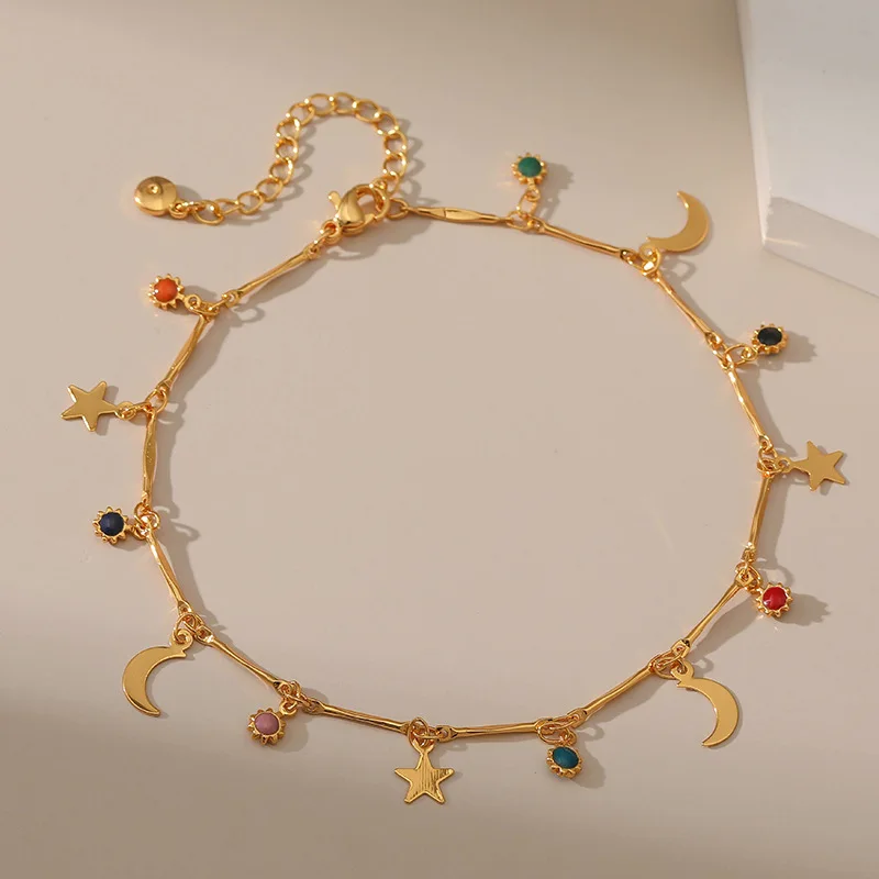 

Chic 18k Gold Plated Metal Chain Anklets with Small Star Moon Pendant for Women Summer Foot Jewelry Accessories Female Gifts