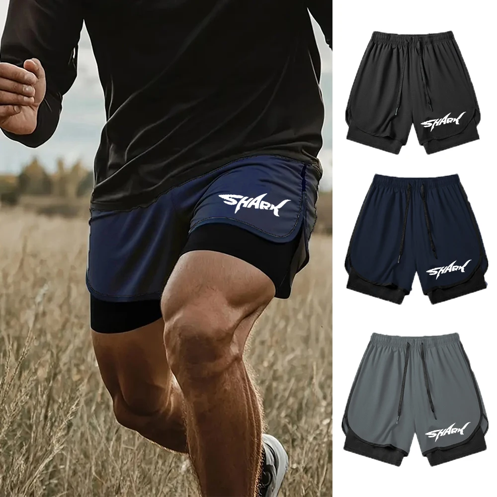 

Men's Gym Shorts Shark Print Summer 2 in 1 High Performance Shorts Mens Running Workout Sports Shorts Pants with Pockets