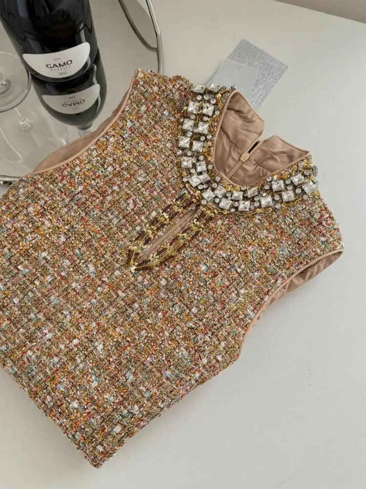 Retro 2024 Autumn Winter New Brown Diamond Woolen Sleeveless Mini Dress Women Round Neck Elegant Short Tweed Dress Popular Trend